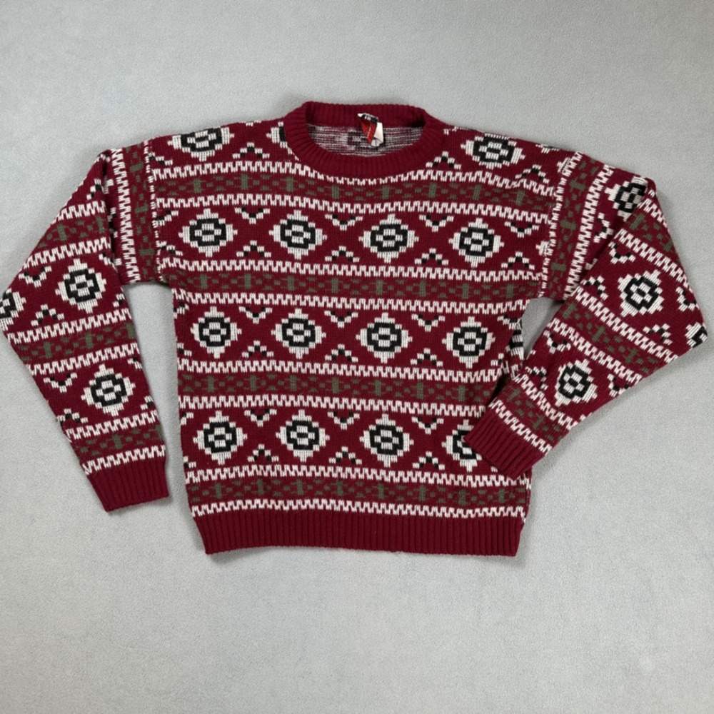 Vintage Barrel Knit Sweater Made in USA Youth XL Burgundy Geometric Fair Isle 80